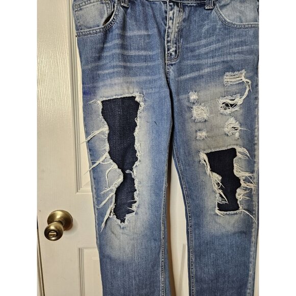 Decibel Distressed And Patches Straight Leg Mens Blue Jeans Size 34x32 - Picture 4 of 10